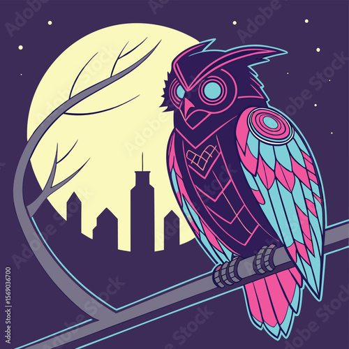 Stylized owl perched on a branch against a cityscape and full moon under a starry night sky scene