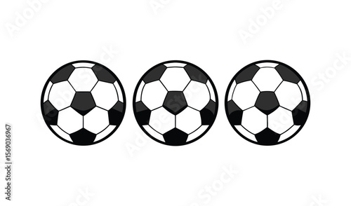 Three classic black and white soccer balls arranged in a horizontal line