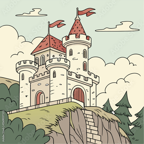 Illustration of a fairytale castle with red flags on towers standing on a hill with trees and clouds