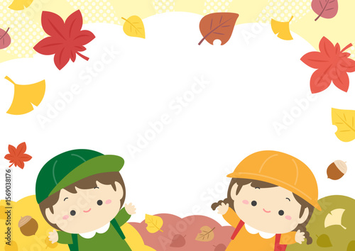 秋の紅葉と子供、紅葉狩りや遠足のイラスト