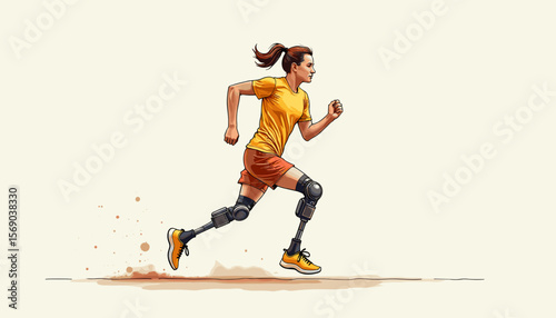 Athletic woman running with prosthetic legs on a plain background