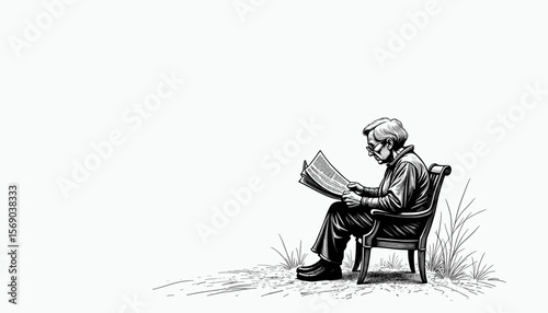 Elderly man reading newspaper while seated on a chair