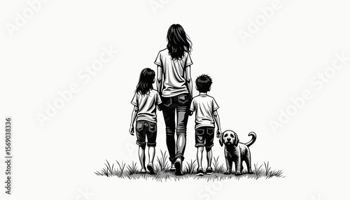 Family walking with a dog in a grassy field