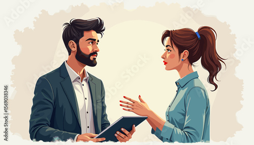 Business professionals discussing ideas on a neutral background