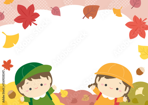 秋の紅葉と子供、行楽や遠足のイラスト