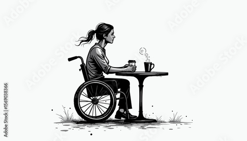 Woman in wheelchair enjoying coffee at outdoor cafe