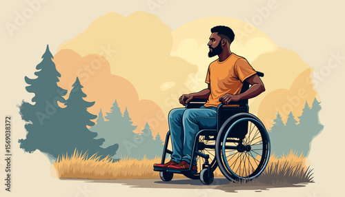 Man in wheelchair contemplating nature landscape