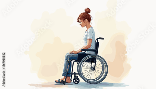 Woman in wheelchair reflecting against a soft background