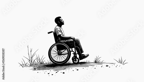 Man in wheelchair looking upward on grassy terrain