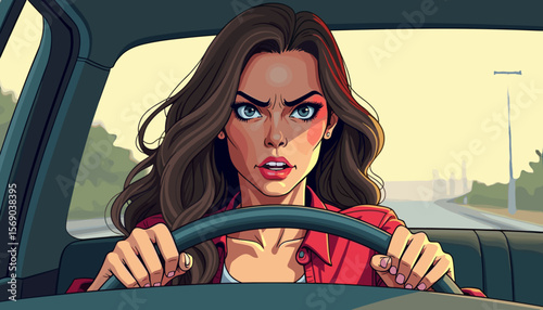 Angry woman driving car on highway