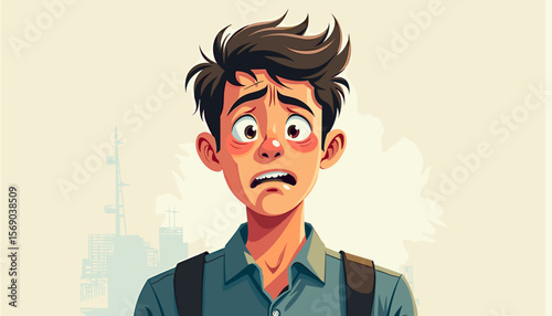Worried young man expressing concern with city background