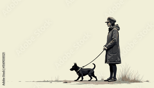 Person walking a black dog in a minimalist setting
