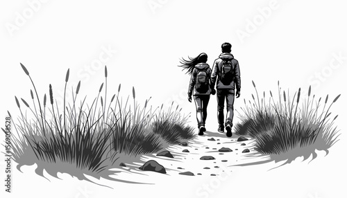 Couple walking hand in hand down a scenic path