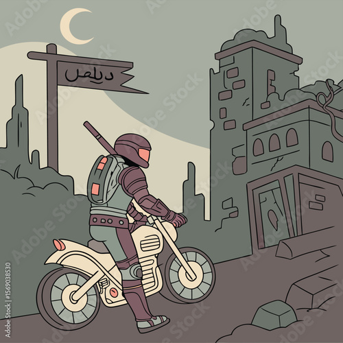 Illustration of a motorcyclist in armor riding through a ruined city under a crescent moon at night