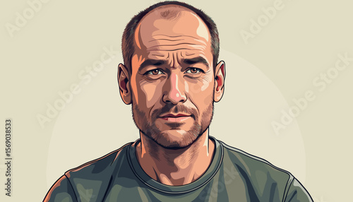 Man with serious expression posing against a neutral background