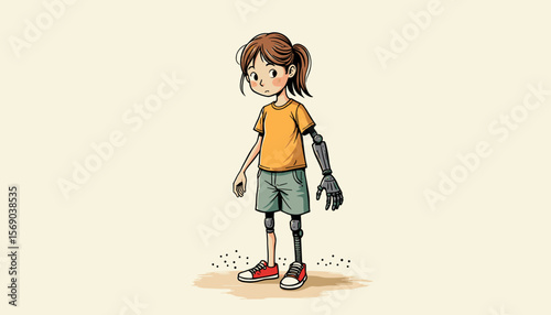 Girl with prosthetic limbs standing confidently in a playful pose
