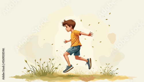 Boy running joyfully through grassy field