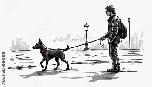 Man walking dog in city scenery