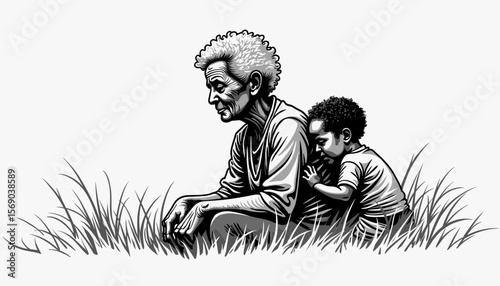Elderly person and child interacting in grassy field