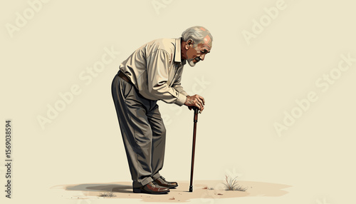 Elderly man leaning on cane in minimalist background