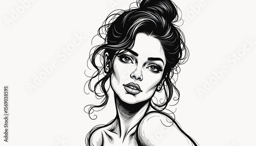 Stylized portrait of a woman with a bun looking directly