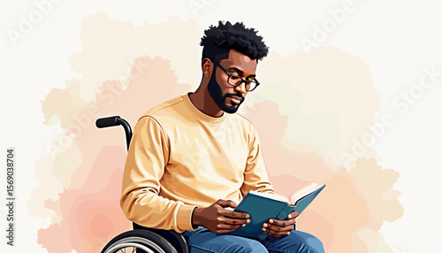 Young man reading a book in a wheelchair against a soft background