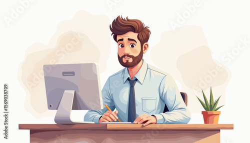 Bearded man working at desk with a computer