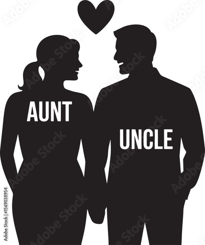Silhouette of Aunt and Uncle Holding Hands with Heart Symbol Isolated on White Background Art