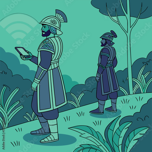 Two ancient soldiers in a forest one using a tablet with a wifi signal above him in teal tones