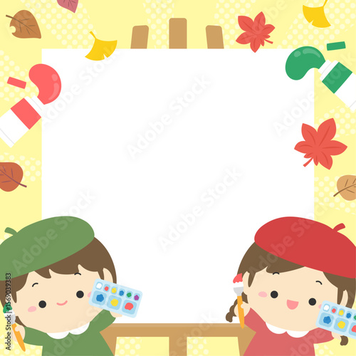 秋の背景、フレーム、芸術の秋と子供たちと絵具