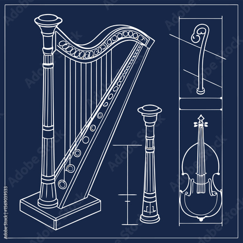 Blueprint style drawing featuring a harp, oboe, violin and a decorative hook design on a blue background