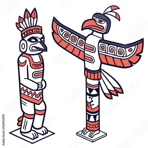 Illustration of two totem poles with bird-like features and native american inspired decorations
