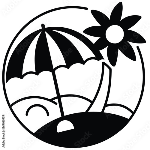 Vector illustration of a beach with an umbrella and a tree , depicting summer and winter seasons