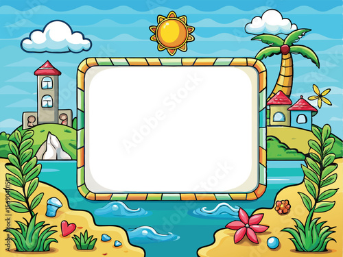 Cartoon vector frame illustration with tropical flowers, birds, and island for a summer children's birthday invitation card