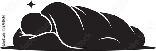 Silhouette of Person Sleeping in Sleeping Bag on Ground with Star Symbol Isolated on White Background