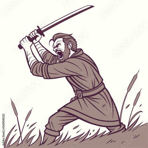 A warrior wielding a sword in a field of reeds with an intense expression and wrapped arms ready to strike