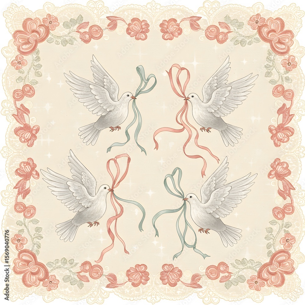 Obraz premium Elegant Illustration of Doves Carrying Ribbons in a Floral Frame, Symbolizing Peace and Celebration