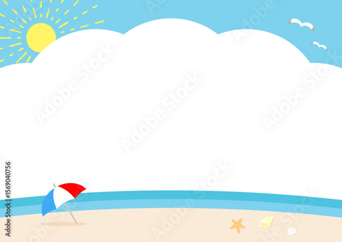 夏の海、ビーチと太陽とカモメ