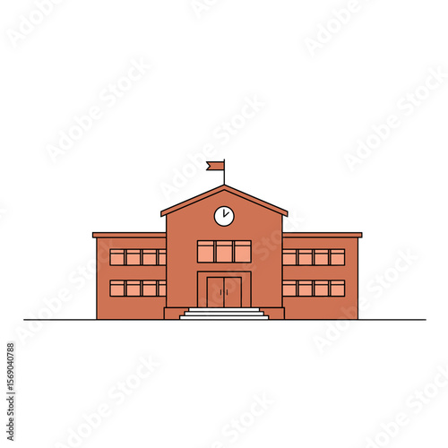School building with clock and flag in minimalist style  