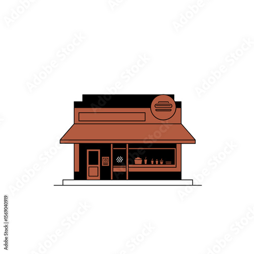Burger restaurant facade with orange awnings and storefront design  