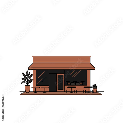 Minimalist coffee shop exterior with plants and seating area  