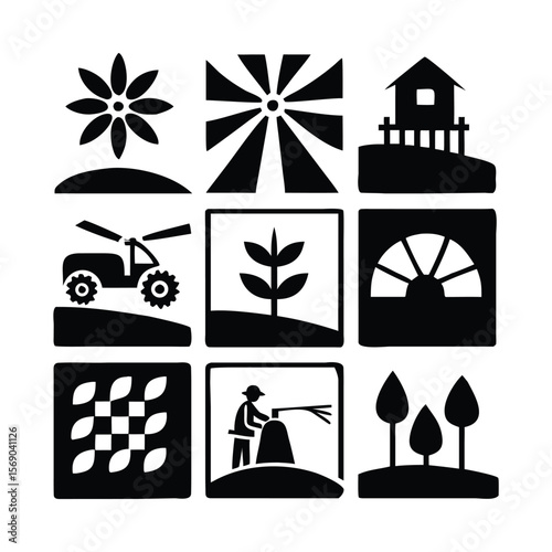 A collection of agricultural and farming icons depicting various aspects of rural life and nature