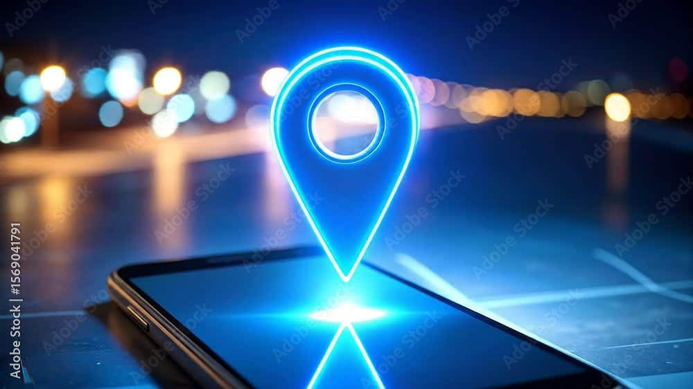 Smartphone navigation with neon location pointer displaying on a digital road map