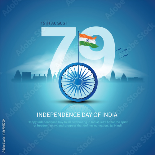 Happy 79th independence day of India. 3d Ashoka chakra with Indian flag and landmarks. Creative vector illustration design.
