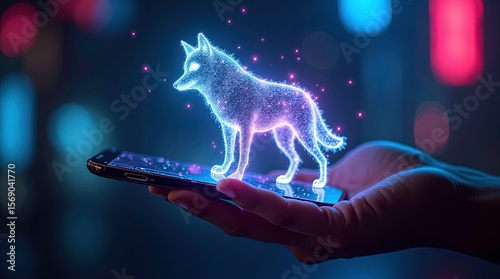 A digital wolf with a glowing neon outline stands on a futuristic digital smartphone in palm of human hand ai generative