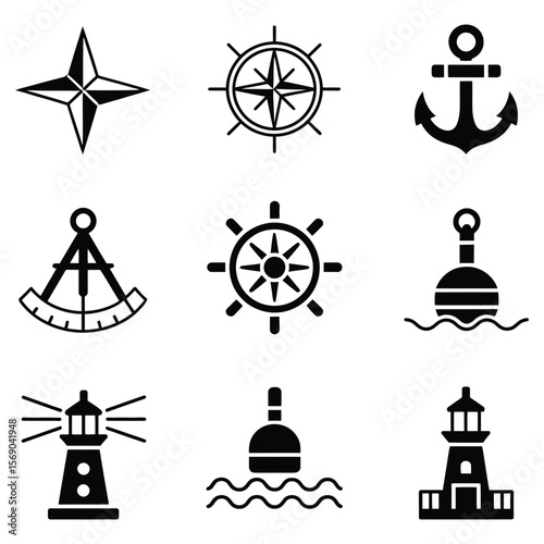 Nautical symbols compass anchor lighthouse buoy sextant