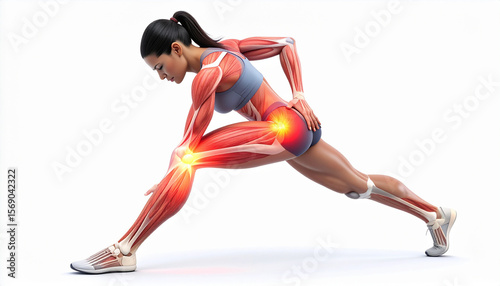 “3D Stretching Injury with Pulled Muscle Effect on Athlete Figure – Sports Injury Visualization on White Background”

