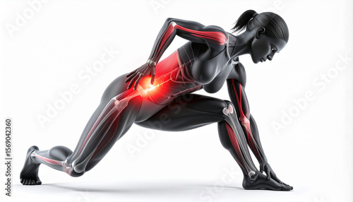 “3D Stretching Injury with Pulled Muscle Effect on Athlete Figure – Sports Injury Visualization on White Background”

