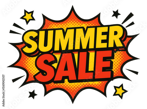 Orange burst sticker with SUMMER SALE in bold comic style, dynamic retail promotion on transparent background.