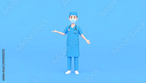 “3D Surgeon Character Wearing Mask and Gown on Blue Background – Medical Professional in Action”

